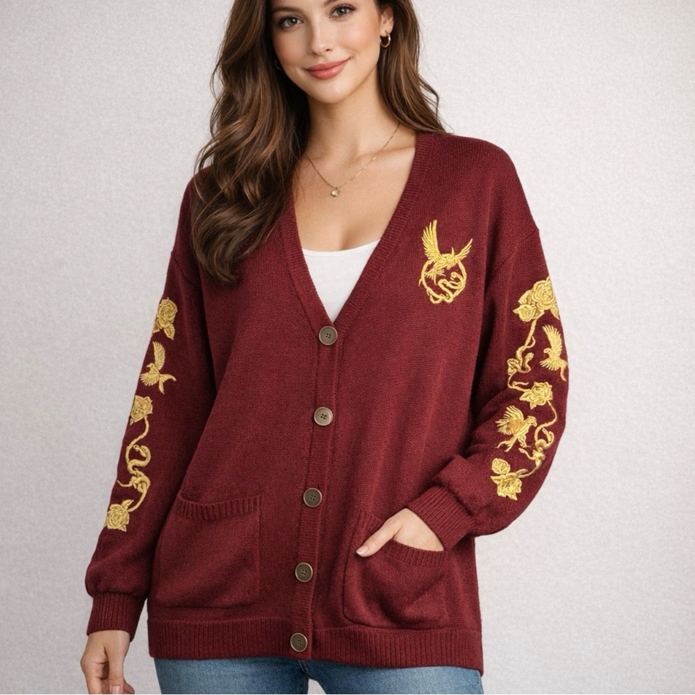 The Hunger Games Cardigan Sweater Womens Large Red Embroidered Songbirds Snakes